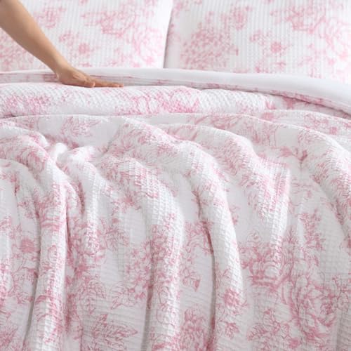 Image of Laura Ashley - Comforter Set, Soft Poly Waffle Textured Bedding with Matching Shams, Delicate Floral Design (Delphine Pastel Pink, Full /Queen)