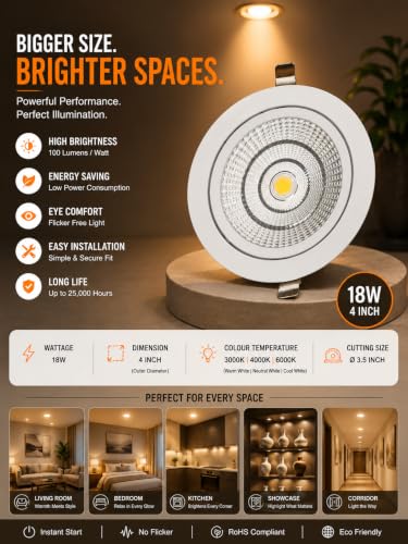 Image of KUSUM 18 Watt White Reflector Concealed LED Ceiling COB Round Spot Light with Focused Beam | Warm White, Pack of 1 (3000K) | Energy Efficient LED Ceiling Light for Home and Office