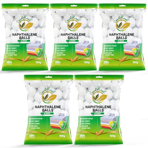 Image of SOULFRESH Naphthalene Balls White Kapoor Goli Stain-Free Insect Repellant Mothballs Sanitary Cubes for Commercial Use Cloth Wardrobe, Almirah, Bookshelves, & Drawers- 100g Pack of 5 (Total 500gm)