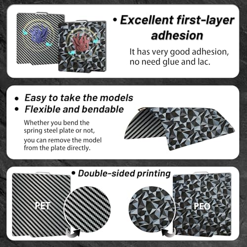 Image of JUUPINE 3D Printer Build Plate Smooth PEO+Smooth PET 257x257mm Spring Steel Sheet for Bambu Lab P2S /X2D /X1 /X1C /X1E /P1P /P1S /A1 Heat Bed for Bambu lab X2D Build Plate (Carbon Fiber + Diamond Pattern)