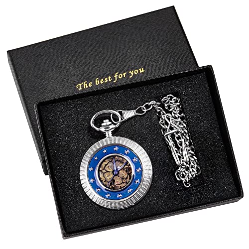 Image of Classic Silver Mechanical Pocket Watch, Roman Numerals Silver Pocket Watch with Chain Box for Men