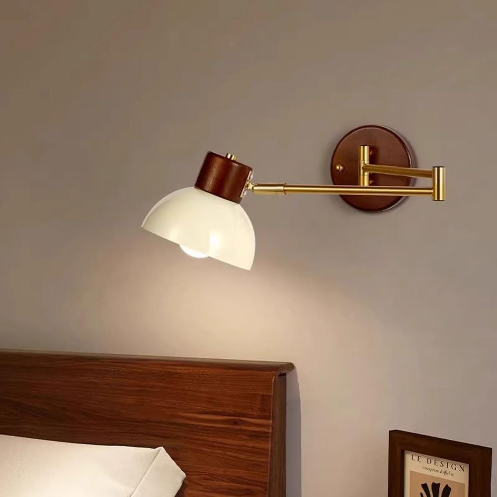 Lámpara de pared de cabecera de madera nórdica, aplique de pared con brazo oscilante dorado, cabecera ajustable flexible, iluminación de lectura, pantalla de metal crema, accesorio de iluminac