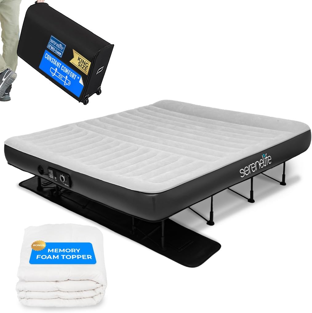 SereneLife Inflatable Air Bed with Frame - Auto Inflating Air Mattress with Built-in Pump, Memory Foam Cover, Self-Deploying Frame, Ideal for Guests, Camping & RV, Easy Carry Case, Queen 83" x 73" King