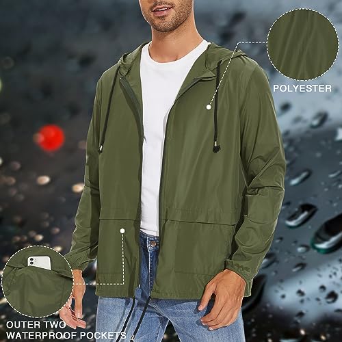 Zando Rain Jacket Men Rain Coats For Men Rain Jackets Waterproof With Hood Windbreaker Jackets For Men Outdoor Mens Rain Coat Travel Raincoats Packable Lightweight Raincoat Army Green Large thumb #3