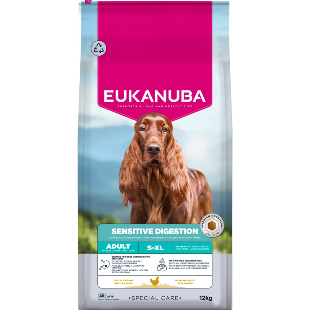 Eukanuba Sensitive Digestion karma dla psów z kurczakiem i łatwo przyswajalnym ryżem – przyjazna dla żołądka sucha karma dla dorosłych psów z wrażliwym trawieniem, 12 kg