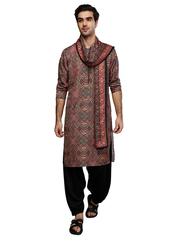Image of KISAH Men's Kurta Patiala Set with Dupatta, Black Cotton Blend, Printed Regular Fit Mandarin Collar Long Sleeves
