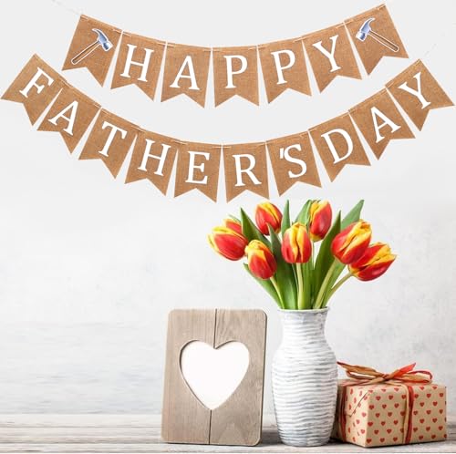 Image of Happy Father's Day Decorations Banner Burlap - Vintage-Style Father's Day Decor Hanging Signs Banner for Home Office Walls Fireplaces Background Photography