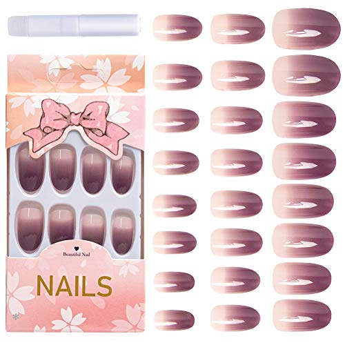 AORAEM Glue on Nails Short Full Cover Acrylic Nails 24Pcs UV Top Coat Purple Oval French Gradient Fake Nails Tip for Women(Purple)