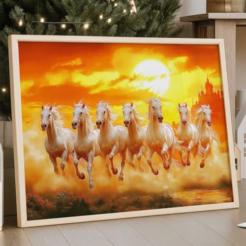 Image of HOTHOUSE Seven Running Vastu Lucky Horse Rising Sun Painting Wall Decor | 7 Horses Vastu Frame Wall Art Painting for Living Room Bedroom Office Home Decor Size (13X17 inch)