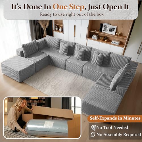 Image of 168 inch Cloud Sectional Couch, Comfort U Shaped Sofa for Living Room, Extra Deep Seats No Assembly, Minimalist Modular Couch, Corduroy (Light Grey, 9 Seats,U-Shape A)
