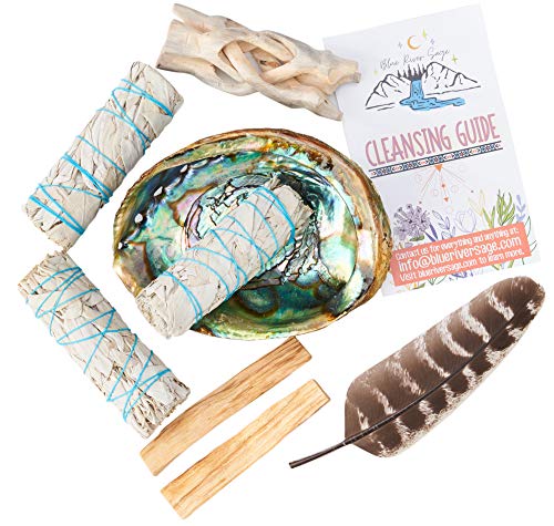 Home Cleansing & Smudging Kit with 3 White Sage, 2 Palo Santo, Abalone & Stand, Smudge Feather & Guide (Deluxe)