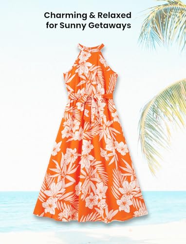 Image of PATPAT Family Hawaiian Matching Outfits - Mommy and Me Vacation Outfits | Halter Sundresses and Button Down Shirts,Caribbean Vacation Summer Tropical Outfits,Hawaiian Boho Tropical Floral Printed