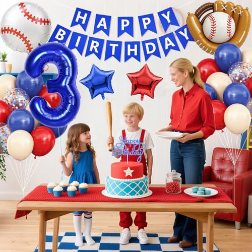 Image of 3rd Birthday Decorations for Boys Baseball,Navy Blue Red Nude Balloons | Party Decorations Birthday Banner Number 3 Baseball Glove Foil Balloons Cake Topper Sport Party Baby Shower