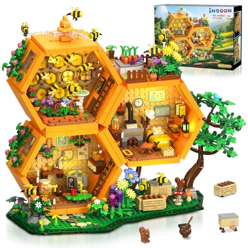 INSOON Juego de construcción de colmenar con luz LED, granja, casa de abejas, taller de miel, juguete de bloques de construcción, 1710 unidades, casa de apicultores y jardín de flores para adultos