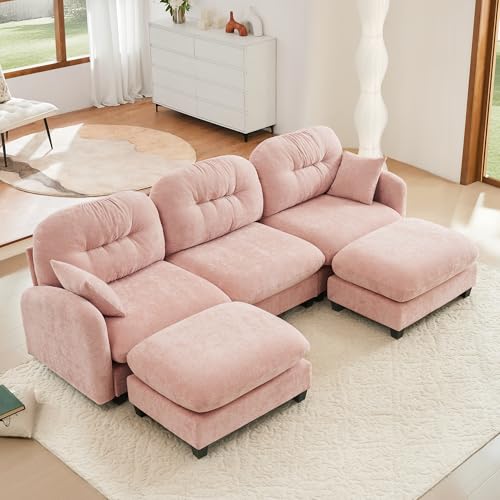 Image of KEIKI 107 inch U-Shaped Oversized Chenille Modular Sectional Sofa with 2 Ottoman, High-Density Foam Cushions, Tufted Pleated Cushion Backrest, Modern 3-Seater Couch with 2 Pillow, for Living Room, Pink
