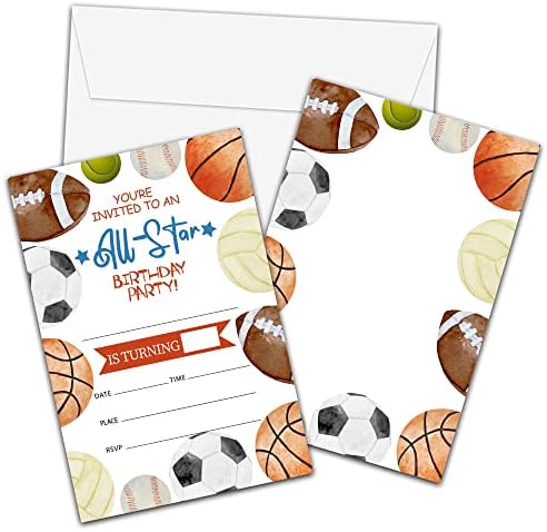 Sports Birthday Invitations with Envelopes - Birthday Party Invitation Card for Boys / Girls - All Star Fill-in Invites Cards - Basketball, Baseball, Football Party Celebration (20 Pack)-29