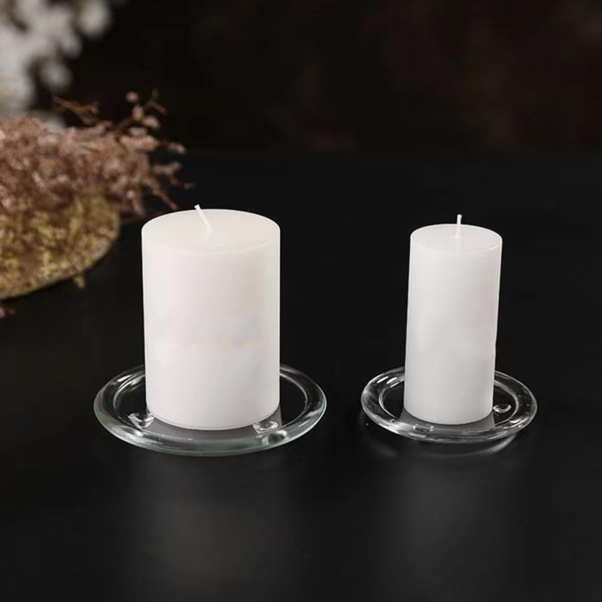 Ipetboom 5pcs Glass Pillar Candle Holder Set Round Decorative Candle Plates and Trays for Wedding and Candlelight Dinner Space-Saving for Table Centerpiece