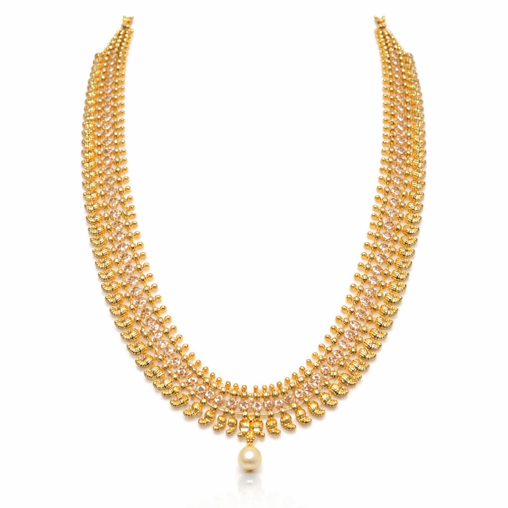 South Indian Bridal Necklace with Adjustable Back Chain | Mango & Stone Design | Great for Special Gatherings | (Crystal White, Long Necklace)
