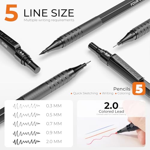 Image of Four Candies Metal Mechanical Pencil Set, 4PCS 0.3, 0.5, 0.7, 0.9MM Mechanical Pencils & 2MM Drawing Pencil with 9 Tubes Lead Refills (4B 2B HB 2H Color) for Student Writing Artist Sketching - Black