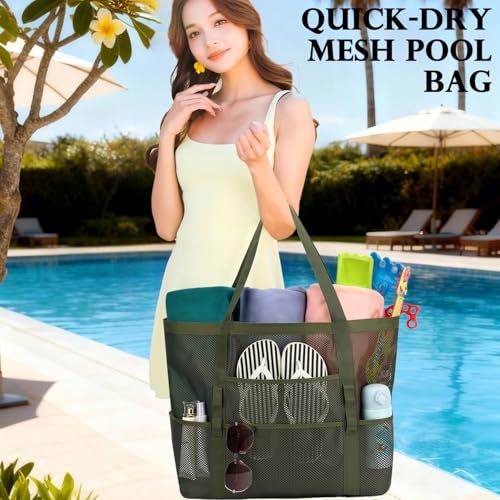 Image of Fammart Mesh Beach Bag for Women, Large Beach Toy Pool Bag with Zipper Pocket, SandProof Cruise Essentials 2026 Family Travel
