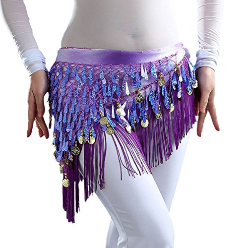 Belly Dance Hip Scarf Belt Outfit Wrap Costume with Coins Sequins Plus Size Dark Purple