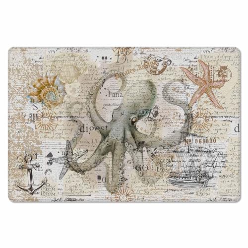 Brown Octopus Antifatigue Kitchen Bath Door Mat Cushioned Runner Rug,Washable Welcome Floor Sink Mat,Waterproof & Non-Slip Kitchen Standing Doormat,Nautical Coastal Anchor Boat Starfish Conch 24