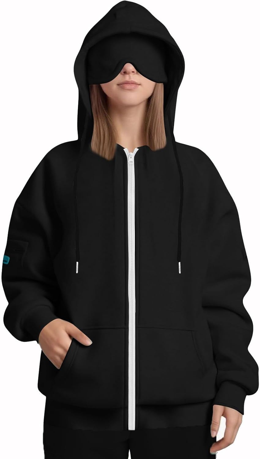 PBNBP Womens Full Zip Hoodie with Built-in Eye Mask, Lightweight Travel Sweatshirt, Privacy Jacket for Airplane & Commute - Image 2