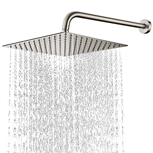 WILLSLAND 12 Inch Rain Shower Head Brushed Nickel with 16 Inch Shower Arm, Large Rainfall Shower Head, Square Shower Head Rainfall High Pressure, SUS304 Stainless Steel