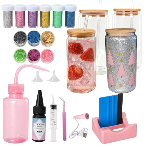 SIECCY Snow Globe Tumbler Kit – 4 Pack 16oz Snow Globe Cups, Pre-Drilled Double Wall Glass, Bamboo Lids, Straws, 13 Glitter Colors, Funnels, Bent Syringe, UV Resin