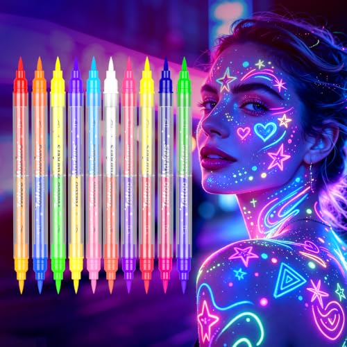20 Colors 10Pcs Glow in The Dark Face Paint Markers, UV Neon Body Paint Pens, Blacklight Tattoo Markers, Washable Temporary Tattoo Pens for Halloween, Music Festivals Parties