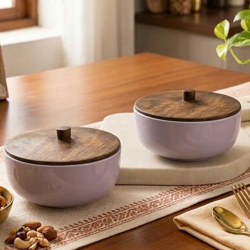 Image of The Earth Store Solid Lavender Ceramic Bowl Set of 2 with Lid, 500ML | Microwave & Dishwasher Safe Snack Bowl, Ceramic Bowl, Stylish Serving Bowls for Home, Office & Gifting