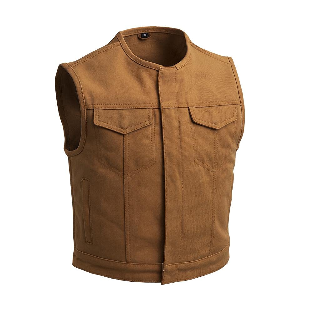 Men's Motorcycle Vest – Tan Saddle Color, Heavy Hitter Raw Canvas, Club Style With Concealed Carry Pockets