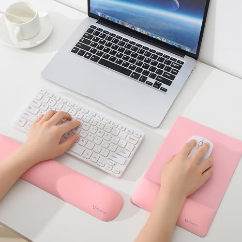 Image of UnivoColors Design-Wave Set of Keyboad Wrist Rest & Mouce Pad,Artificial Sheepskin+Memory Foam+Ergonomic+Anti-Slip Gel, Resilience Support During Work and Gaming,Keyboard Accessory,Pink,N
