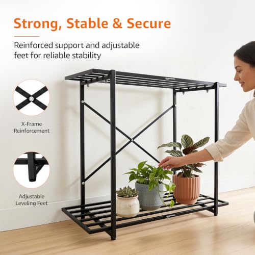 Image of Amazon Basics Heavy Duty 2-Tier Plant Stand | Rust-Resistant Powder Coated Finish | Multipurpose Shelves | Reinforced X-Frame Stability | Indoor & Outdoor Use | Balcony, Garden & Living Room | Black