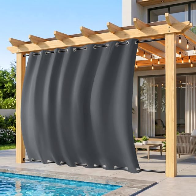 Rosnek Outdoor Curtain Waterproof, Windproof Extra Large Patio, Blackout Garden Gazebo Curtain with Top & Bottom Eyelets for Pergola, Porch & Balcony, 1 Panel, 100" W x 108" L, Dark Grey