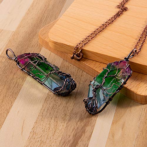 Bivei Tree of Life 7 Chakra Gemstone Copper Wire Wrap Irregular Clear Quartz Point Crystal Pendant Necklace(Bronze Titanium Coated Multi Color #2)