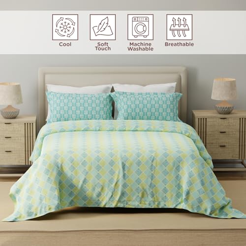 Image of Layers 100% Cotton for Double Size Bed | 120 TC Geometric, Soft, Breathable, Machine Washable Bedsheet with 2 Pillow Covers | Forever Collection (224 x 254 cm) - Blue & Yellow