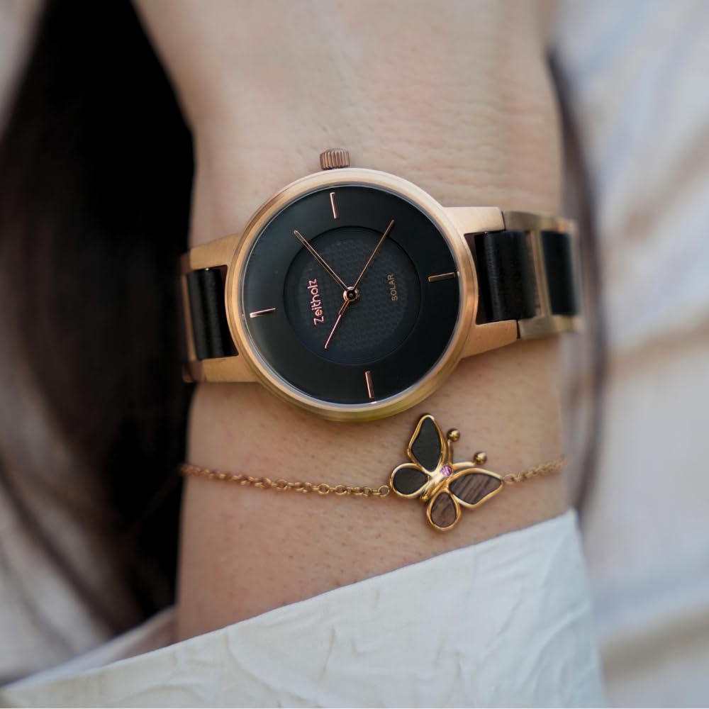 Solaruhr Damen - Freiberg Holzuhr 34mm, gefertigt aus Sandelholz oder Eichenholz mit fortschrittlicher japanischer Solartechnologie und einem eleganten, nachhaltigen Design. (schwarz)