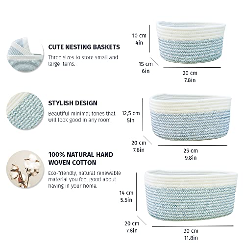 Organihaus Set Of 3 Blue Basket Storage | Small Rope Basket | Shelf Storage Basket | Decorative Nursery Storage Bins | Storage Baskets For Closet | Baby Storage Organizer | Blankets Storage Basket #TOP1