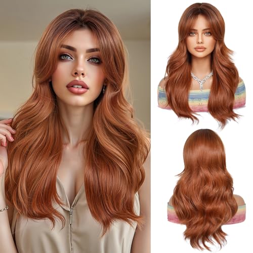 OUFEI Long Ombre Auburn Wig With Curtain Bangs Natural Wavy Wigs for Women Natural Synthetic Hair Heat Resistant Wigs for Daily Party Cosplay Wear