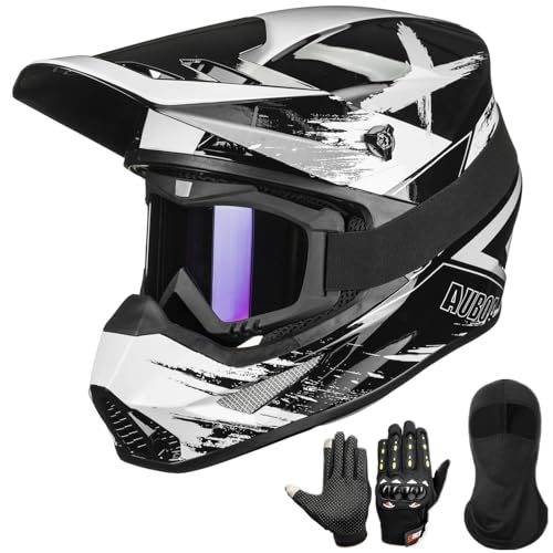 Auboa Adult Dirt Bike Helmets Motocross ATV Off Road UTV Four Wheeler MX Electric Dirtbike Helmet with Goggles Gloves Mask DOT Model MT766 (Black White M)