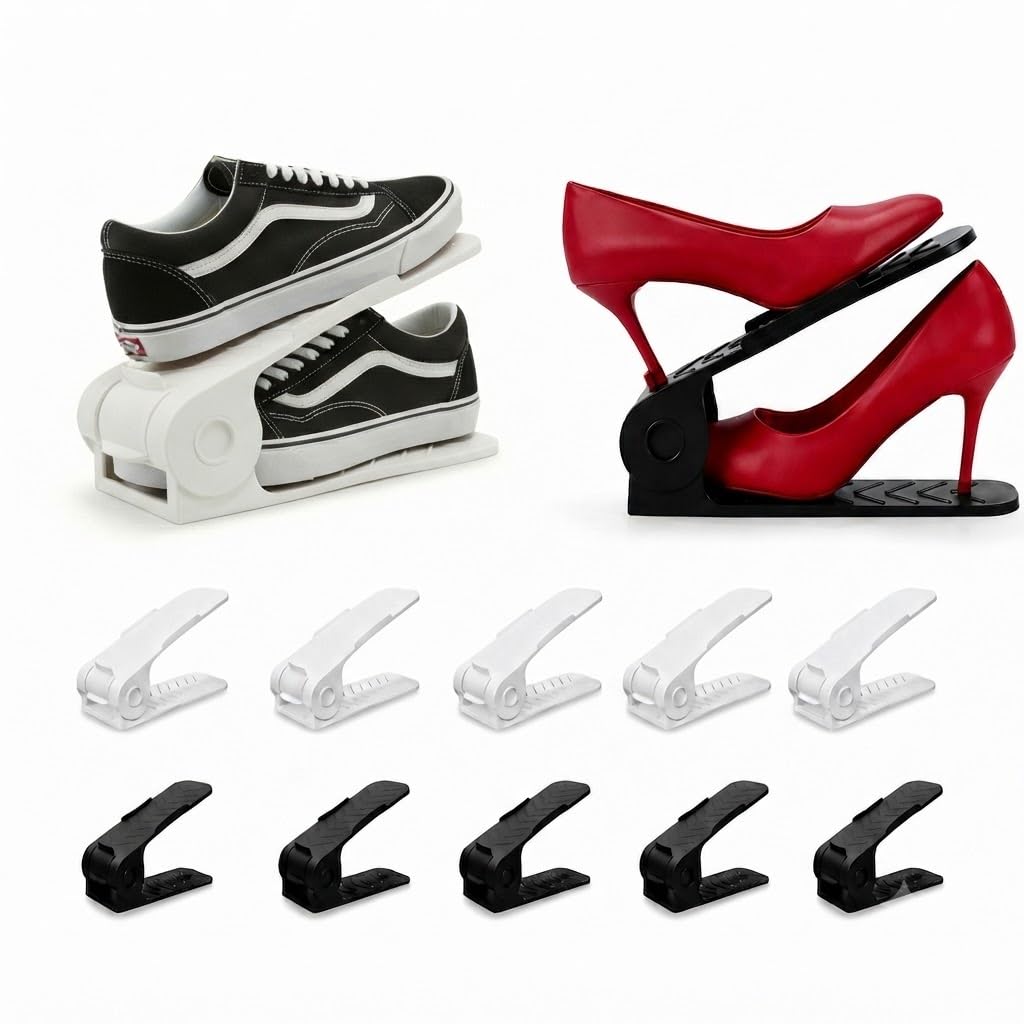 Aditya polymers 12 Pc. Height Adjustable Shoe Organizers/Organiser/Shoe Shelf/Rack/Slots/Space Saver/Double Deck/Layer/Storage Cum Organizer-Black&White Combo 12 Pcs. Plastic,27x10.5x7.5 CM-image-37