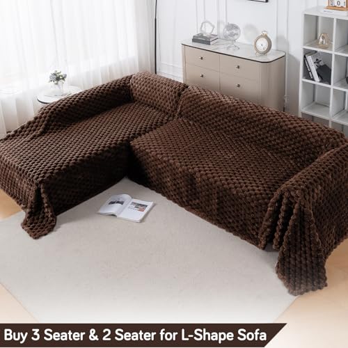 Image of HOKIPO Luxury Premium Rabbit Wool Plush Fluffy Sofa Cover, Sofa Throw for 2 Seater Sofa, 180(D) x 250(L) cm, 'BunnySoft Series' Dark Chocolate (AR-5074-DCHOC)