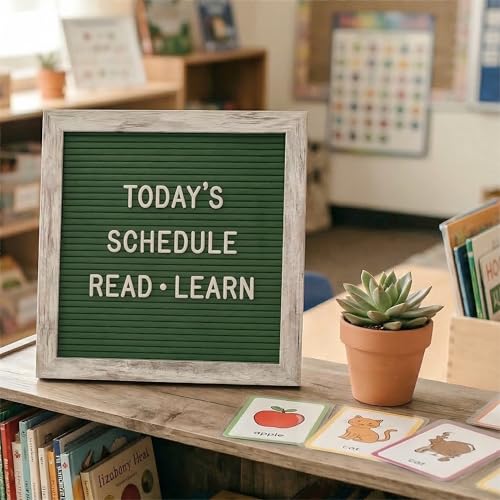 Image of C Crystal Lemon Letter Board, 317 Pre-cut Letters Numbers & Symbols, 10x10 Inches, Changeable Wooden Message Board Sign, Wood Frame, Wall Mount, With Display Stand (Rustic Green) | Changeable message board with 336 letters, numbers and symbols for home messages, reminders and seasonal displays