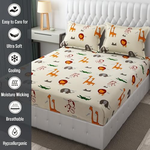 Image of RD FABS Glace Cotton Wrinkle Free Soft Hypoallergenic Bed Sheet with 2 Pillow Cover,Cartoon Printed,Double Bed King Size Bedsheet for Kids Room Boys Girls(90x95 Inches /Cream /Animal),144 TC