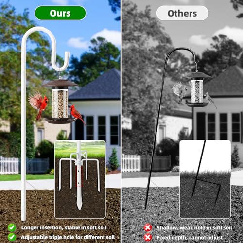 Image of 62 inch White Shepherds Hooks for Outdoor, Bird Feeder Pole with 5 Prong Base, Adjustable Height Shepherds Hook for Hummingbird Feeder, Bird Feeder, Lightweight Plant, Wind Chimes, Lanterns (1 Pack)