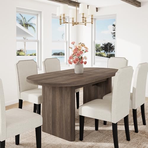 Image of GarveeHome Oval Dining Table for 6-8 People, Long Large Kitchen Table with Thick Sturdy Wooden Base, Farmhouse Dining Room Table for for Kitchen, Living Room, Office (63 inch Long,Brown)