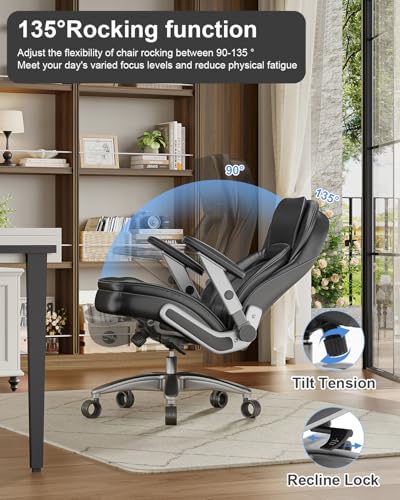 Big and Tall Office Chair, 600lbs Heavy Duty Desk Chair with 5D Arms and Adjustable Lumbar Support, PU Leather High Back Ergonomic Executive Home Office Computer Chair with 3'' Silent Casters