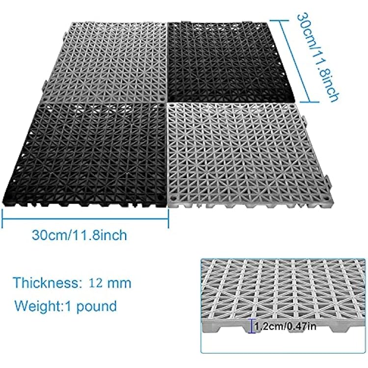 12 Pack 12 x 12 Interlocking Rubber Bathroom Flooring Tiles Non-Slip Splicing Waterproof Mat Modular Interlocking Cushion Mat for Drain,Deck,Pool, Patio, Balcony, Shower, Kitchen, Yard, Grey