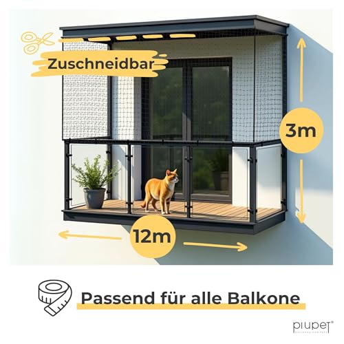 PiuPet® Katzennetz Drahtverstärkt I 12x3m I schwarz I Befestigungsset inklusive